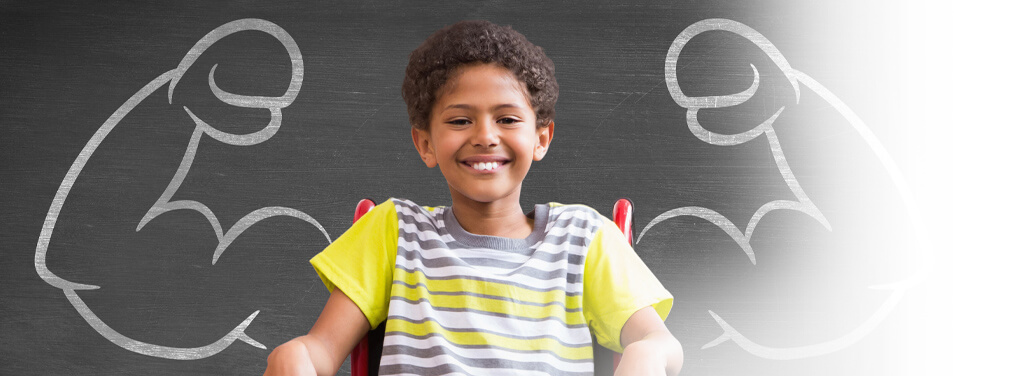 Cute disabled pupil smiling at camera in hall against black background